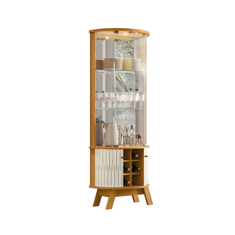 Cristaleira Decorativa Deker Nicho Garrafeiro Iluminação Led Espelho MDP Cinamomo/OffWhite G97 - Gran Belo