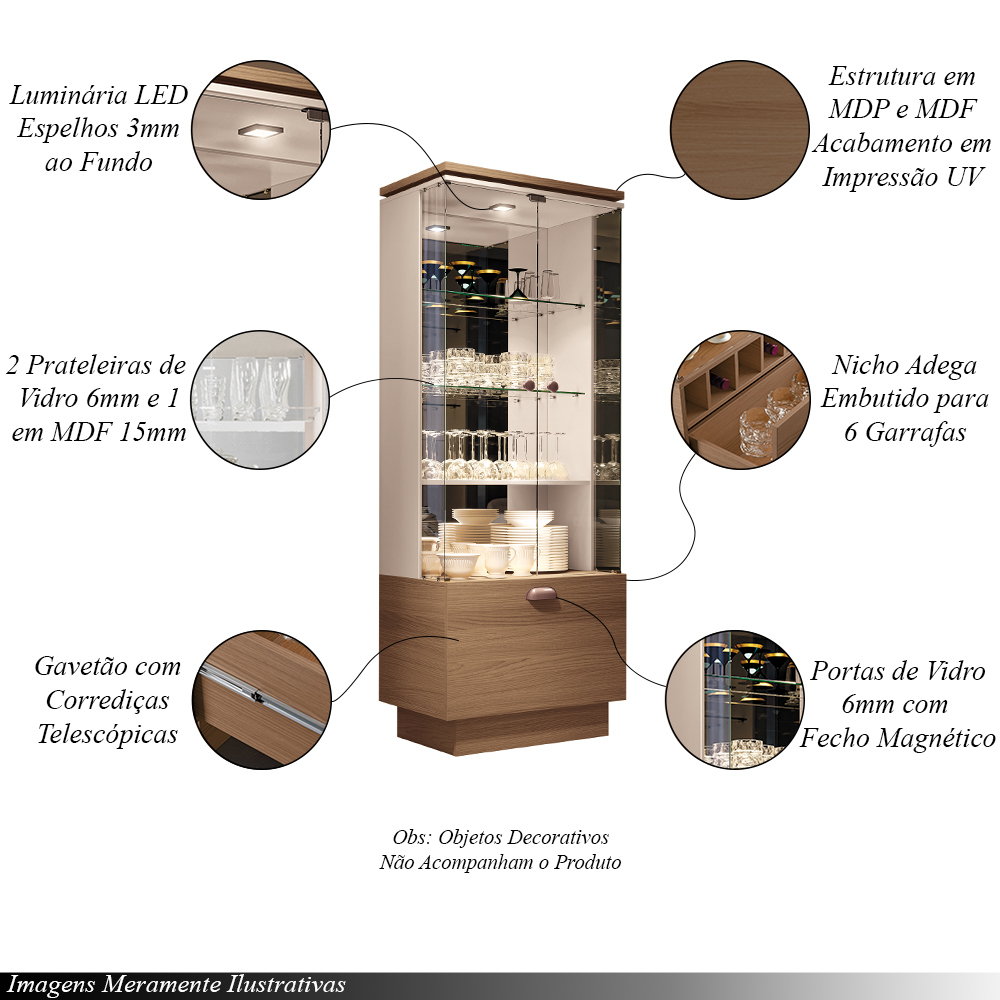 Cristaleira Decorativa Peggy com LED Nicho Adega Portas de Vidro Castanho/Off White G26 - Gran Belo