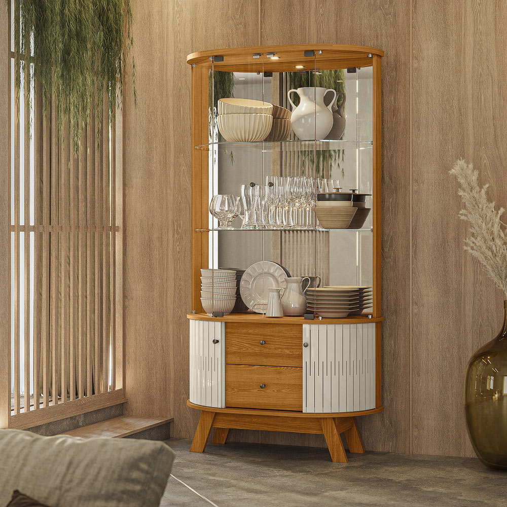 Cristaleira Decorativa Swank 2 Gavetas Iluminação Led Espelho MDP Cinamomo/OffWhite G97 - Gran Belo