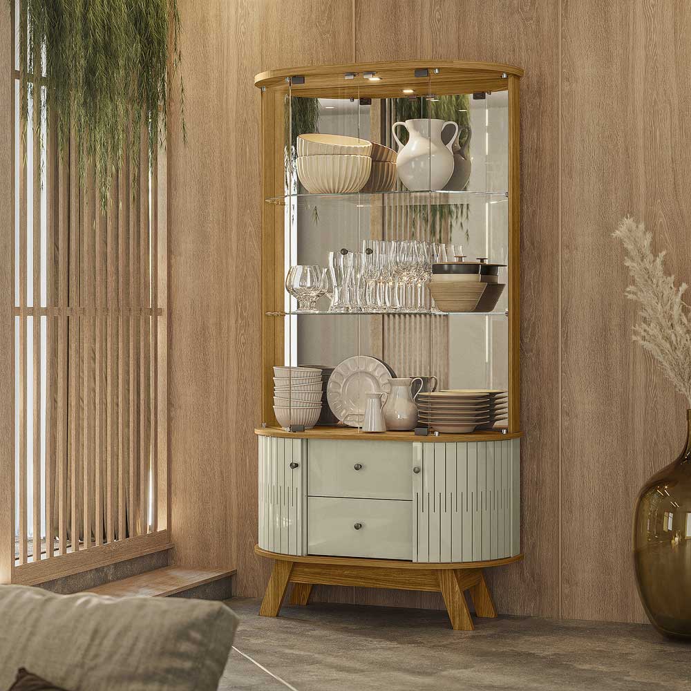 Cristaleira Decorativa Swank 2 Gavetas Iluminação Led Espelho MDP Cumaru/Opala G97 - Gran Belo