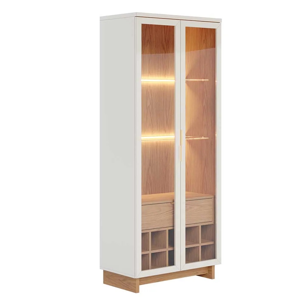 Cristaleira Decorativa Tenerife Com Portas de Vidro e Adega LED MDF/MDP OffWhite/Freijó G73 - Gran Belo