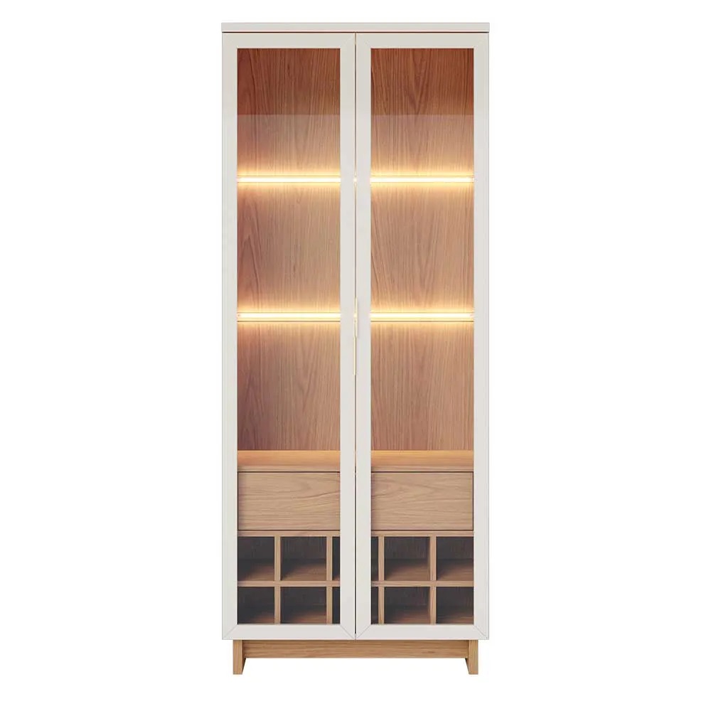 Cristaleira Decorativa Tenerife Com Portas de Vidro e Adega LED MDF/MDP OffWhite/Freijó G73 - Gran Belo