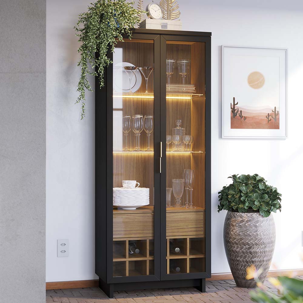 Cristaleira Decorativa Tenerife Com Portas de Vidro e Adega LED MDF/MDP Preto/Noce G73 - Gran Belo