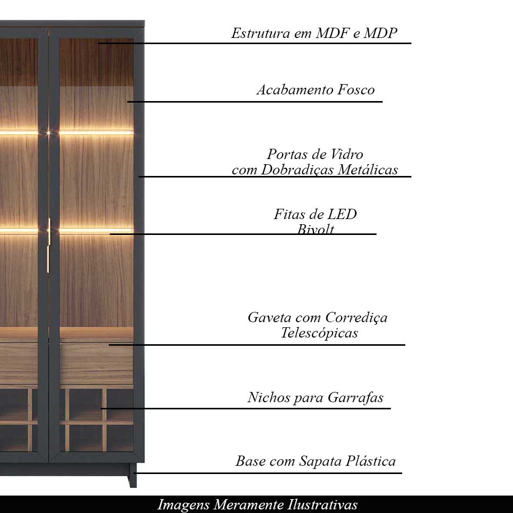 Cristaleira Decorativa Tenerife Com Portas de Vidro e Adega LED MDF/MDP Preto/Noce G73 - Gran Belo