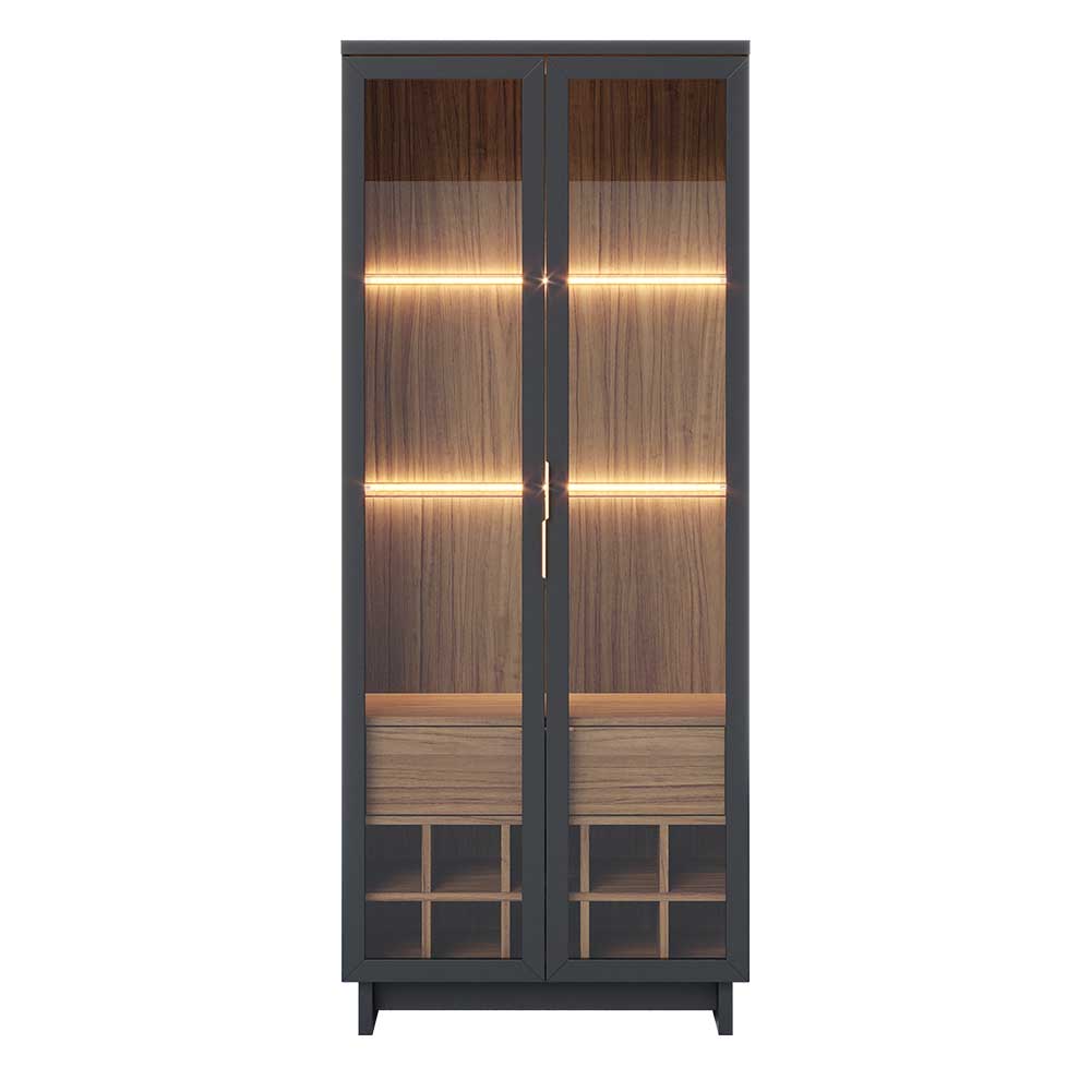 Cristaleira Decorativa Tenerife Com Portas de Vidro e Adega LED MDF/MDP Preto/Noce G73 - Gran Belo