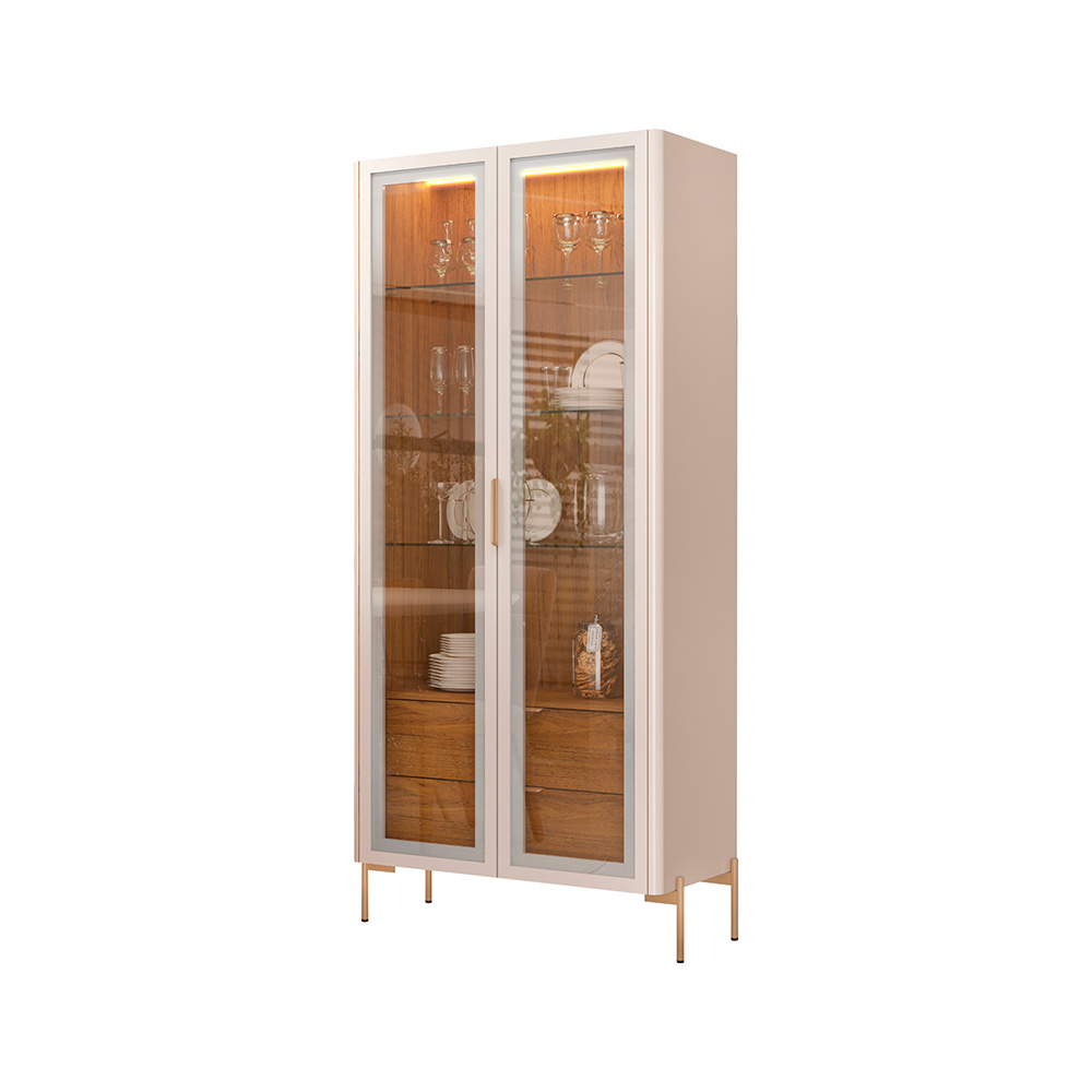 Cristaleira Decorativa Vitória com 3 Prateleiras e 2 Portas de Vidro Iluminação LED Pés Metálicos Dourados Off White/Freijó G18 - Gran Belo