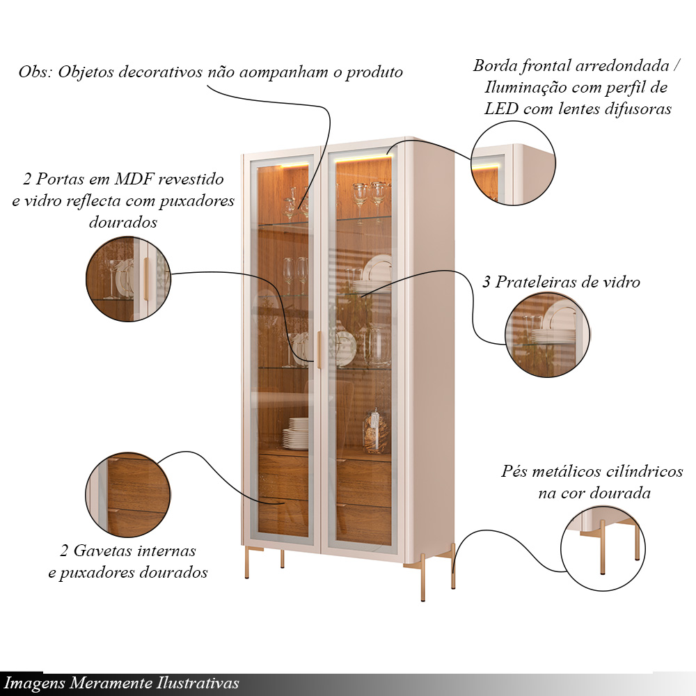 Cristaleira Decorativa Vitória com 3 Prateleiras e 2 Portas de Vidro Iluminação LED Pés Metálicos Dourados Off White/Freijó G18 - Gran Belo