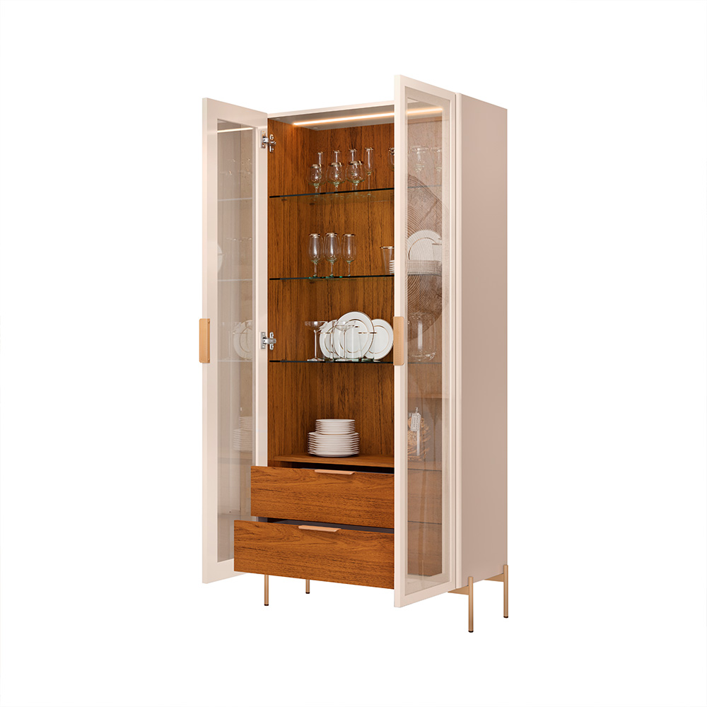 Cristaleira Decorativa Vitória com 3 Prateleiras e 2 Portas de Vidro Iluminação LED Pés Metálicos Dourados Off White/Freijó G18 - Gran Belo