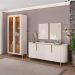 Cristaleira Decorativa Vitória com 3 Prateleiras e 2 Portas de Vidro Iluminação LED Pés Metálicos Dourados Off White/Freijó G18 - Gran Belo