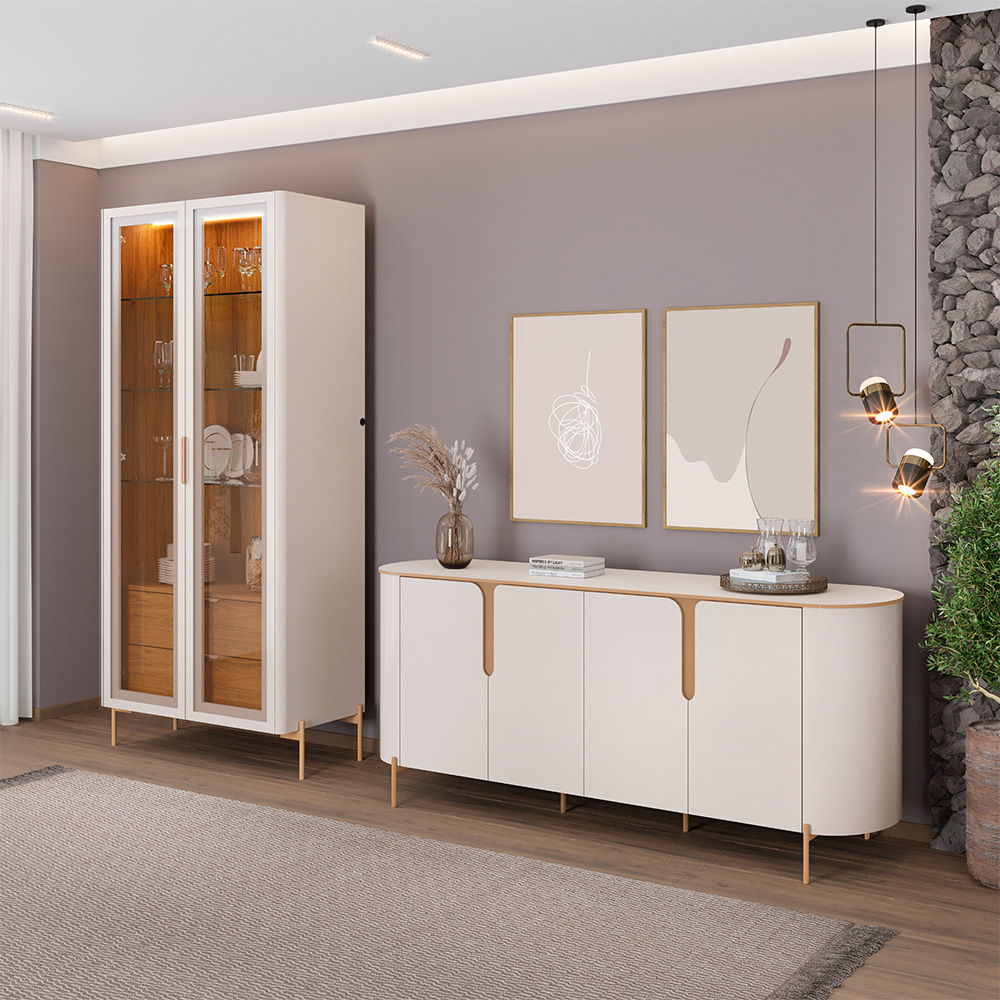 Cristaleira Decorativa Vitória com 3 Prateleiras e 2 Portas de Vidro Iluminação LED Pés Metálicos Dourados Off White/Freijó G18 - Gran Belo
