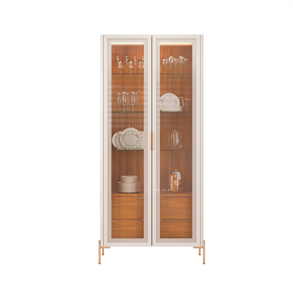 Cristaleira Decorativa Vitória com 3 Prateleiras e 2 Portas de Vidro Iluminação LED Pés Metálicos Dourados Off White/Freijó G18 - Gran Belo