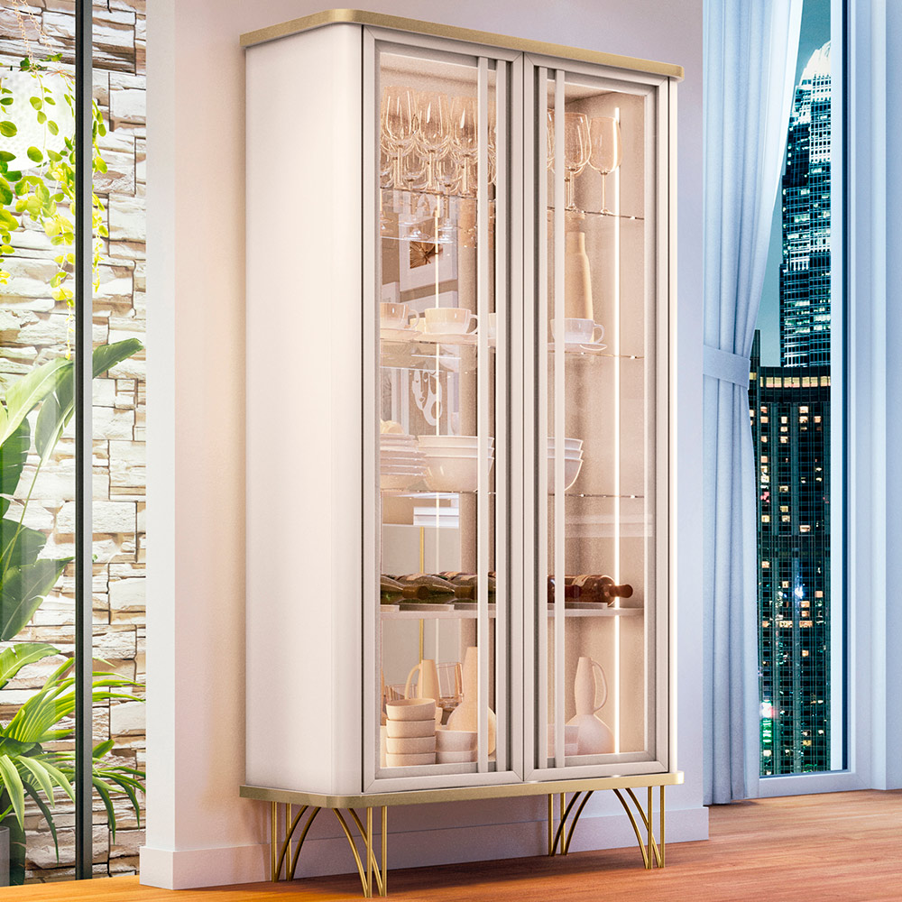 Cristaleira Decorativo com LED Portas de Vidro Texas Off White/Champagne  G26 - Gran belo