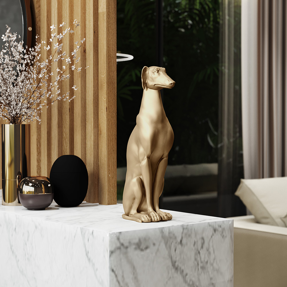 Escultura Decorativa Galgo em Resina Maciça Dourada Fosco G07 - Gran Belo
