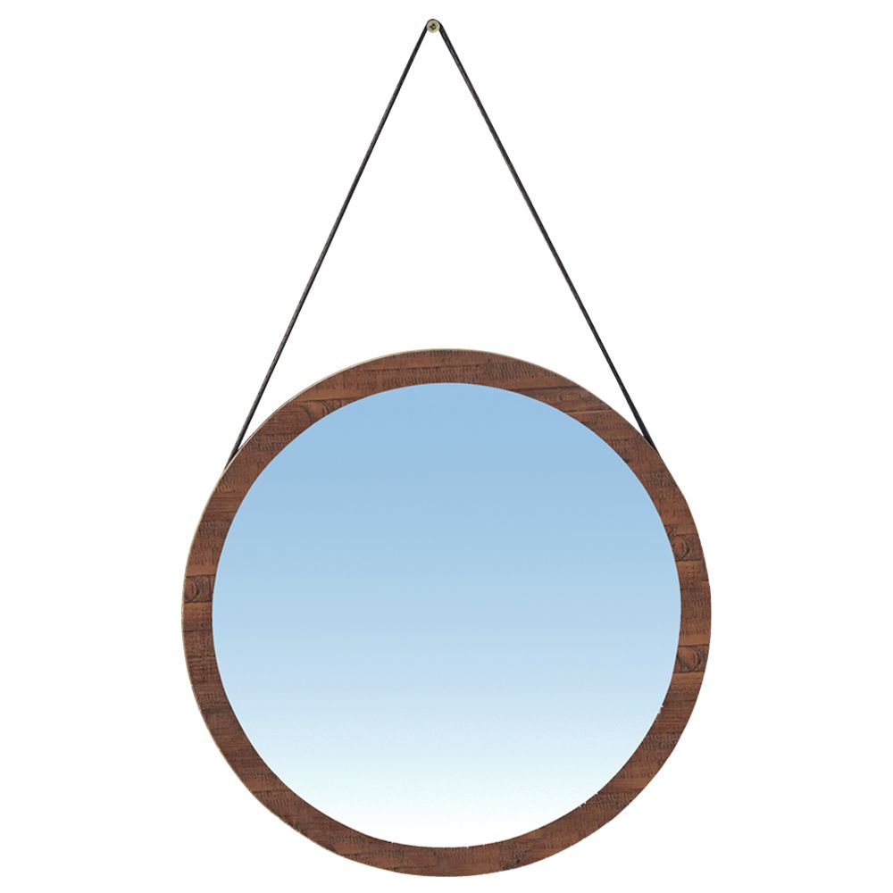 Espelho Redondo Decorativo Melk 65cm Com Tira de Couro Madeira Maciça Rustic Brown G54 - Gran Belo