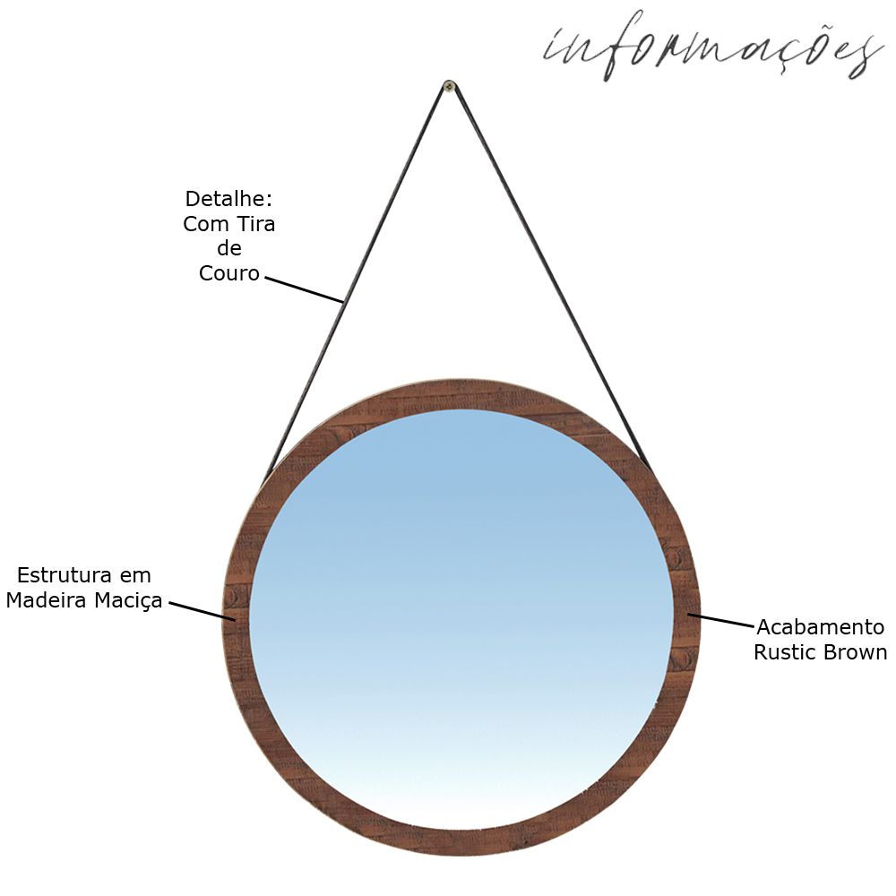 Espelho Redondo Decorativo Melk 65cm Com Tira de Couro Madeira Maciça Rustic Brown G54 - Gran Belo