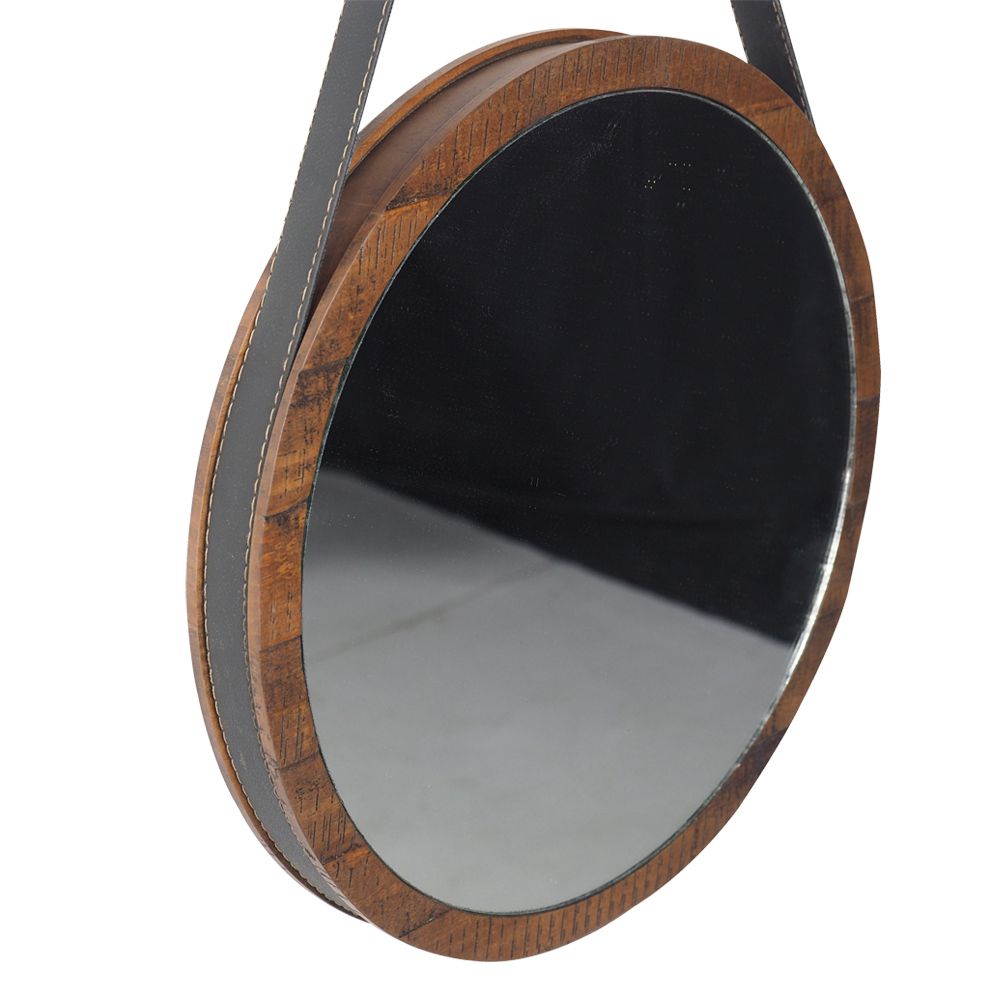 Espelho Redondo Decorativo Melk 65cm Com Tira de Couro Madeira Maciça Rustic Brown G54 - Gran Belo