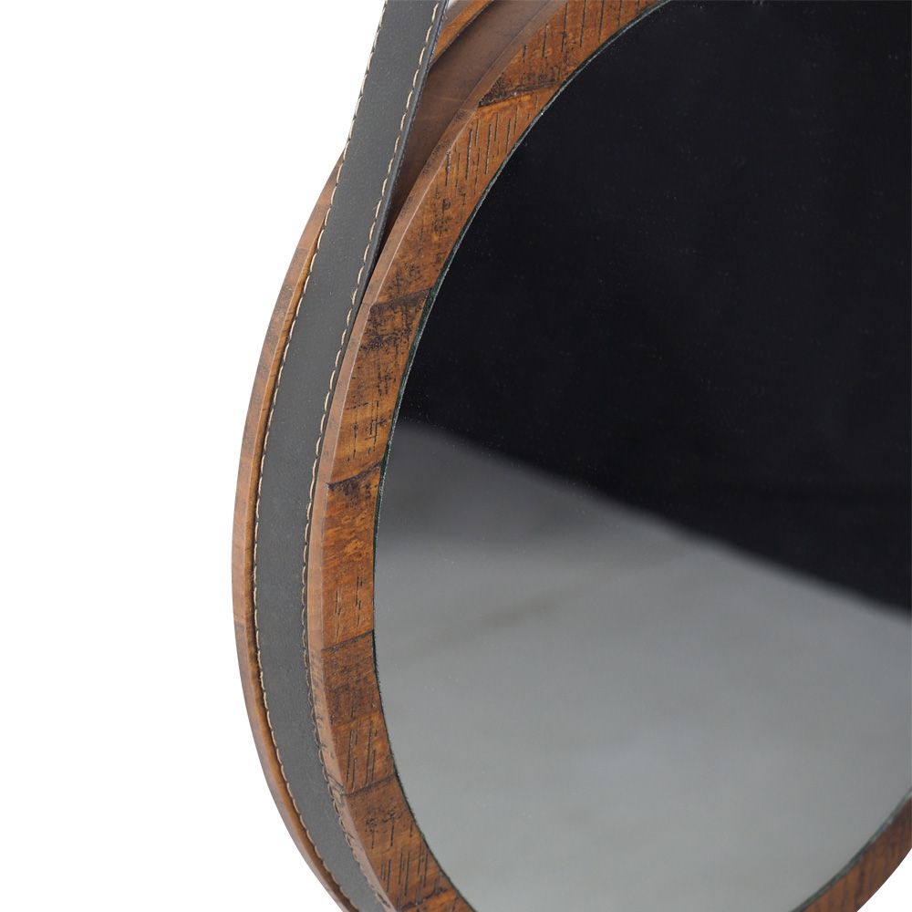 Espelho Redondo Decorativo Melk 65cm Com Tira de Couro Madeira Maciça Rustic Brown G54 - Gran Belo