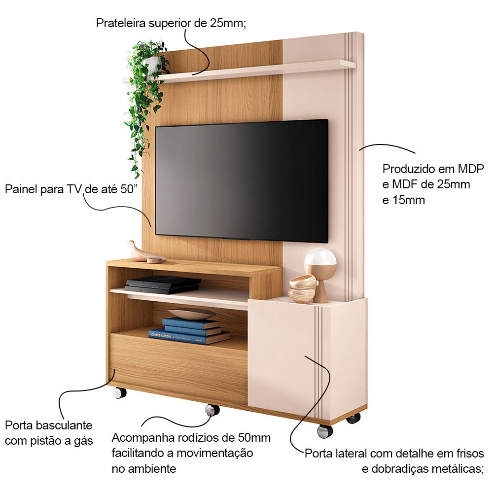 Estante Home Theater com Rodízios para TV até 50'' Budy Freijó / Off White - Gran Belo