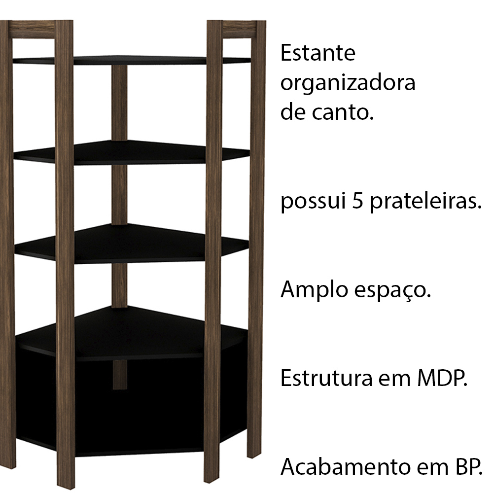 Estante Organizador Armário de canto AZ1020 MDP Preto/Nogal G69 - Gran Belo