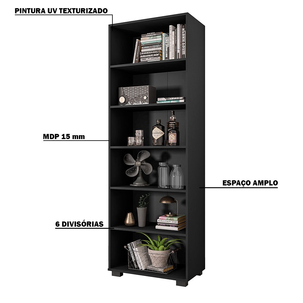 Estante de Livros para Escritório Home Office Alf Preto Texturizado - Gran Belo