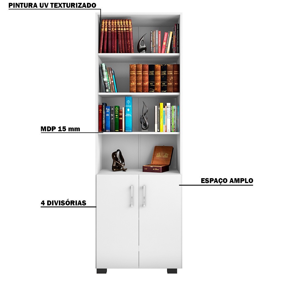 Estante de Livros para Escritório Home Office Portas Pequenas Alf Branco Texturizado - Gran Belo
