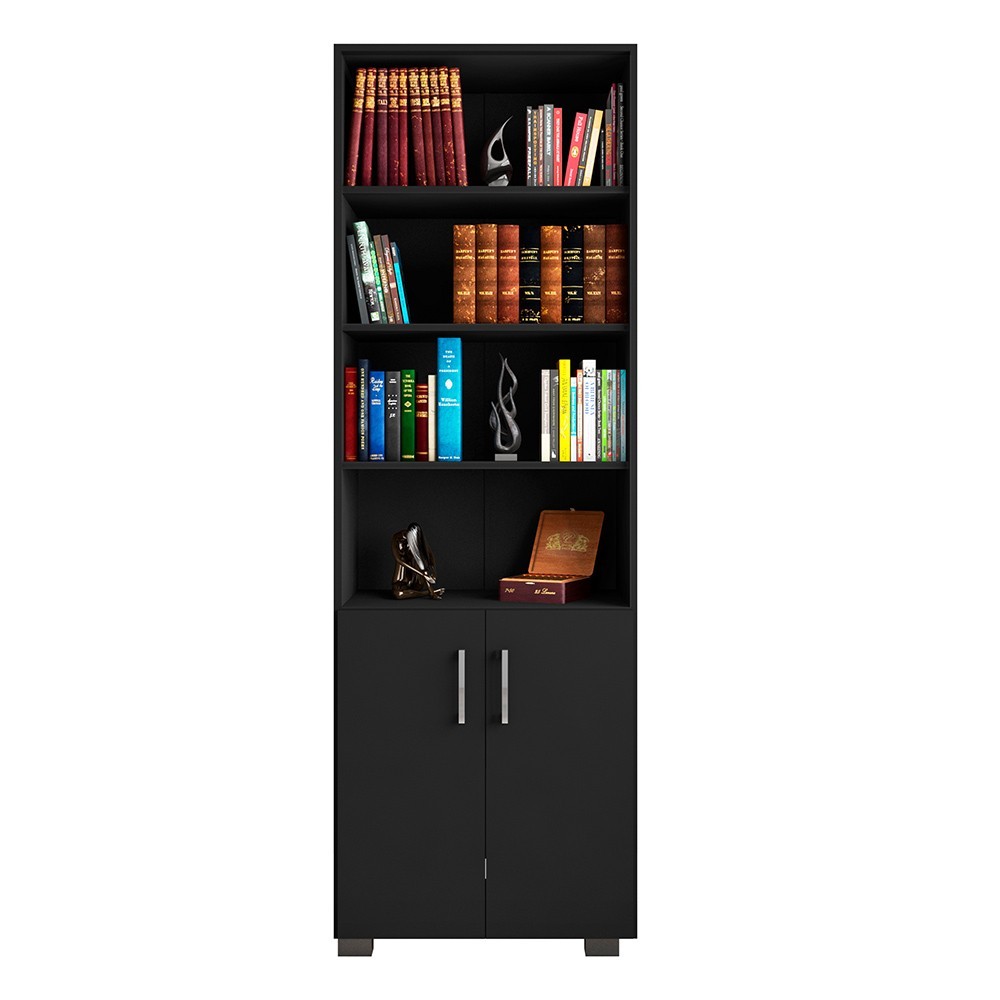 Estante de Livros para Escritório Home Office Portas Pequenas Alf Preto Texturizado - Gran Belo