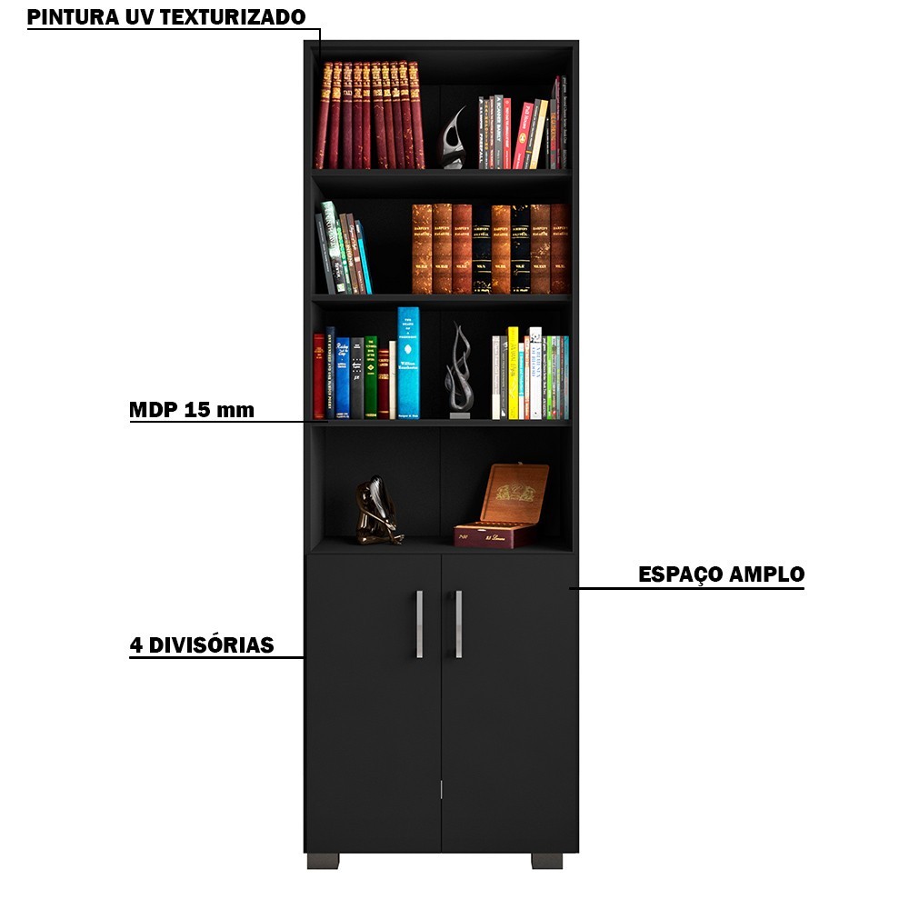 Estante de Livros para Escritório Home Office Portas Pequenas Alf Preto Texturizado - Gran Belo