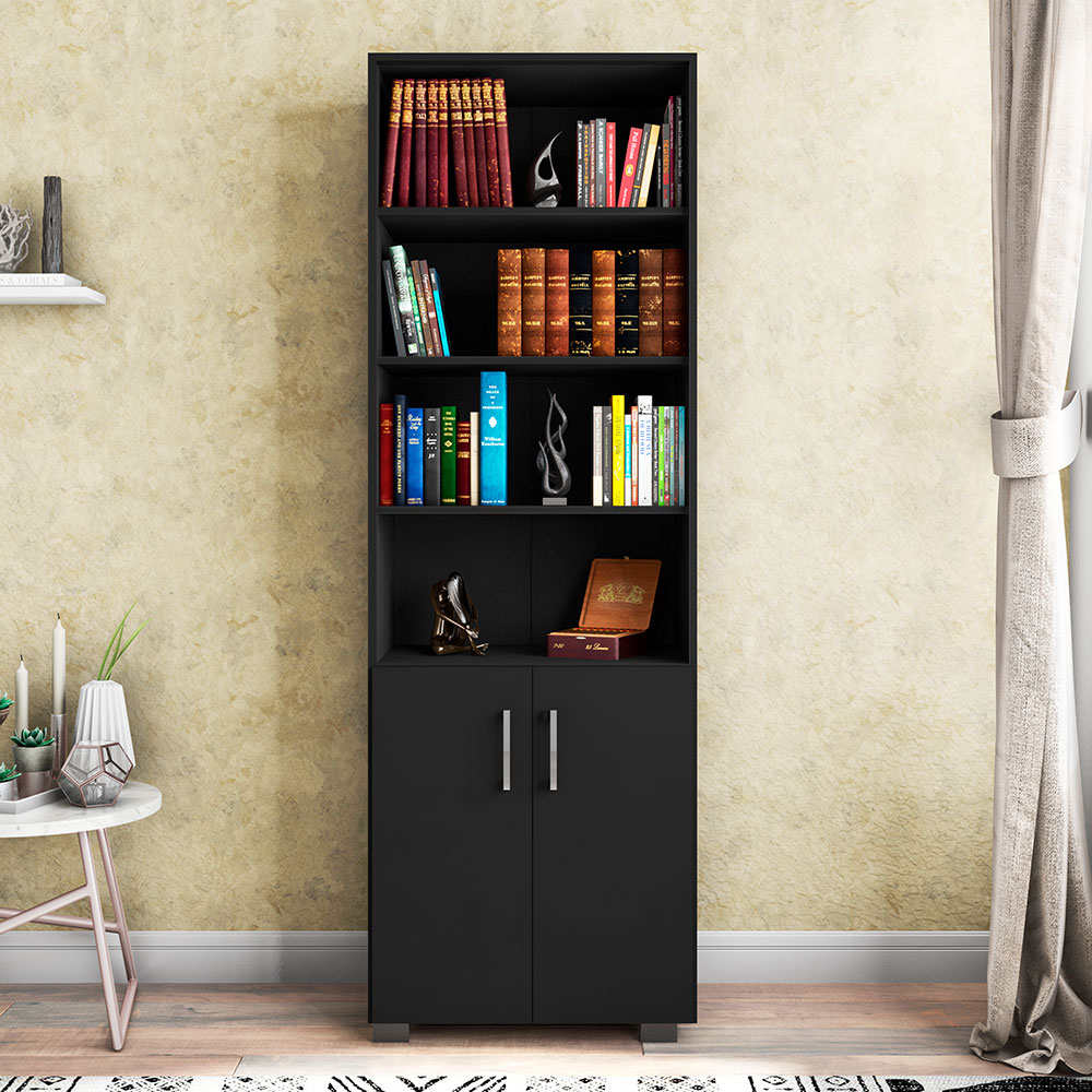 Estante de Livros para Escritório Home Office Portas Pequenas Alf Preto Texturizado - Gran Belo
