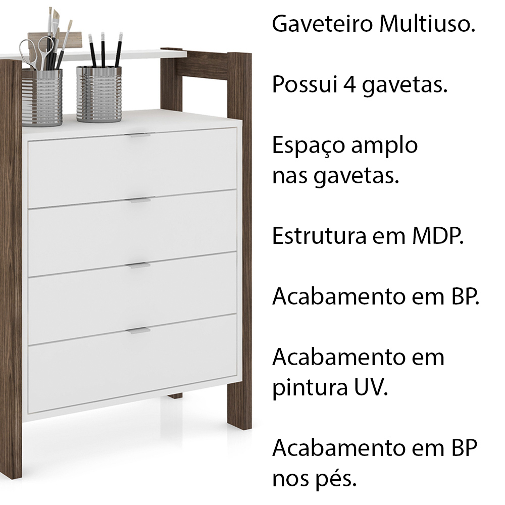Gaveteiro Armário para Escritório Home Office AZ1012 MDP Branco/Nogal G69 - Gran Belo