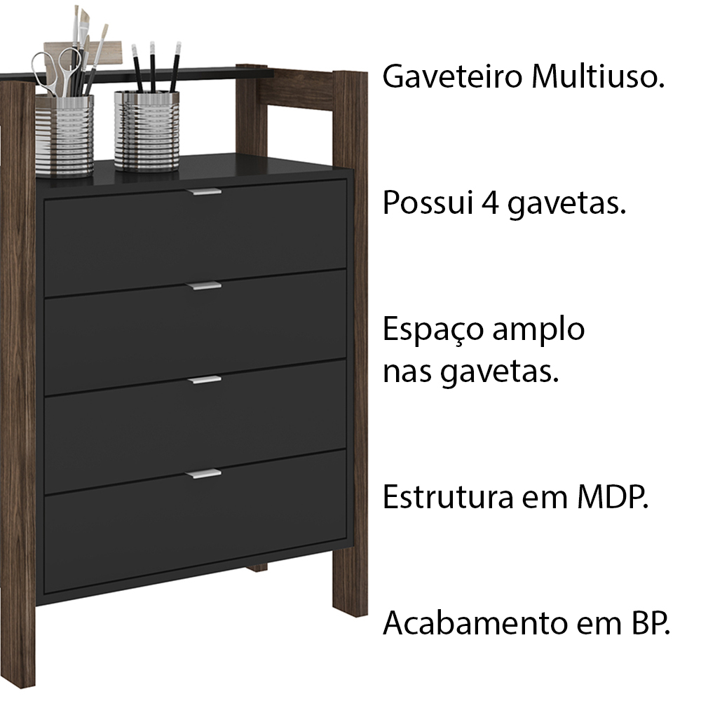 Gaveteiro Armário para Escritório Home Office AZ1012 MDP Preto/Nogal G69 - Gran Belo
