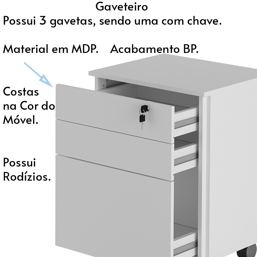 Gaveteiro com Chave para Escritório Home Office ME4148 MDP Branco G69 - Gran Belo