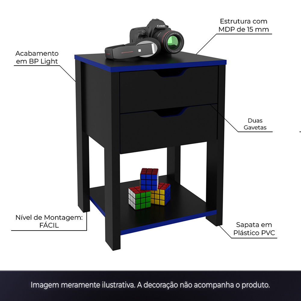 Gaveteiro para Escritório Home Office Gamer ME4163 MDP Preto/Azul G69 - Gran Belo