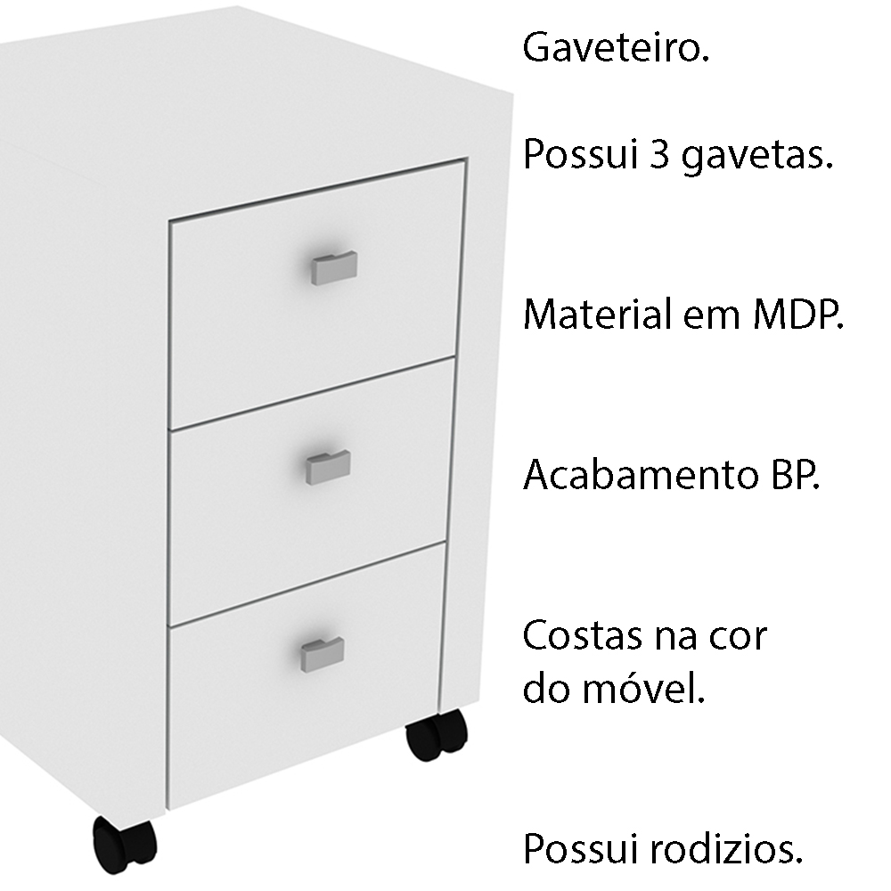 Gaveteiro para Escritório Home Office ME4108 MDP Branco G69 - Gran Belo