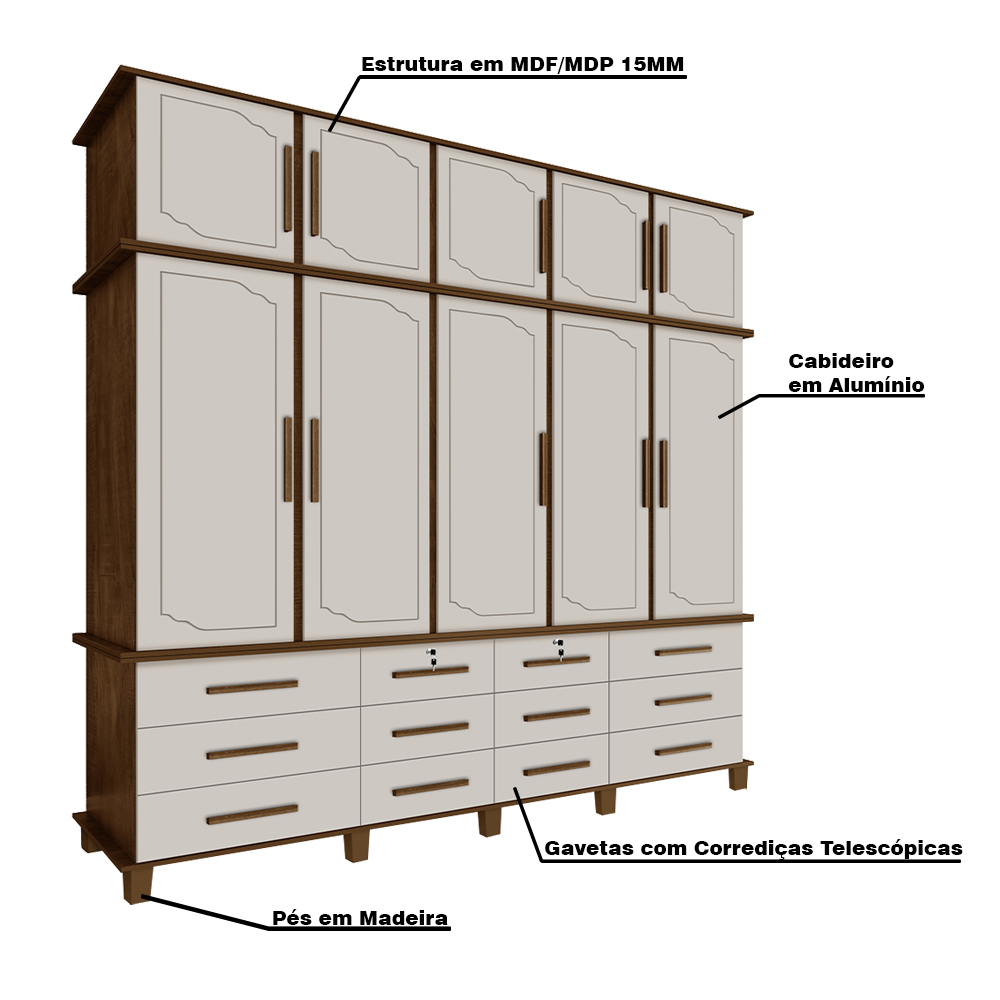 Guarda Roupa 10 Portas e 12 Gavetas Nicolau Malbec/Off White G37 - Gran Belo