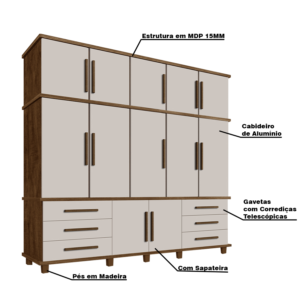 Guarda Roupa 12 Portas 6 Gavetas e Sapateira Hawking Malbec/Off White G37 - Gran Belo