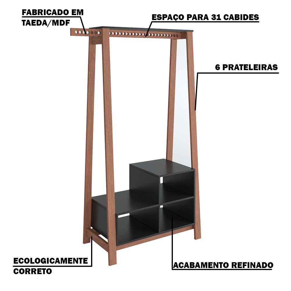 Guarda-Roupa Closet Lara Amêndoa/Preto G68 - Gran Belo