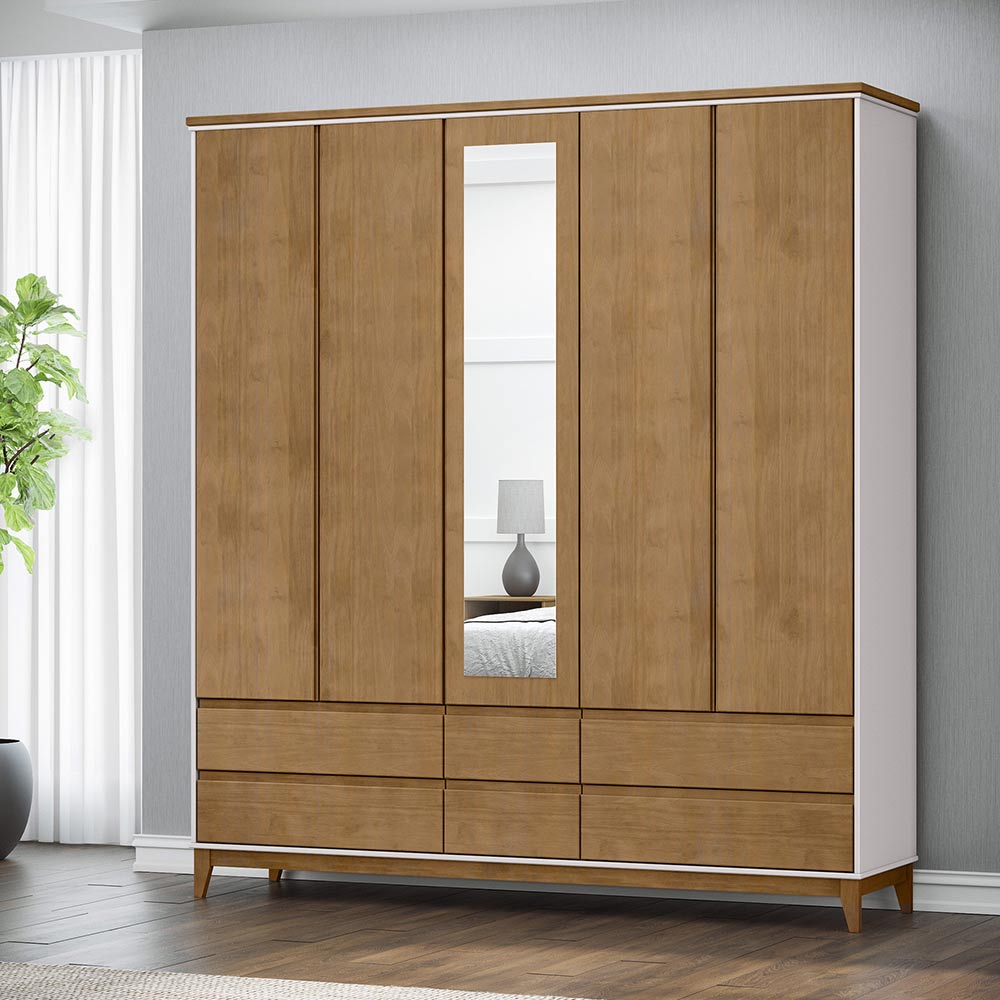 Guarda Roupa MDF 5 Portas Cullen 6 Gavetas OffWhite/Freijó G74 - Gran Belo