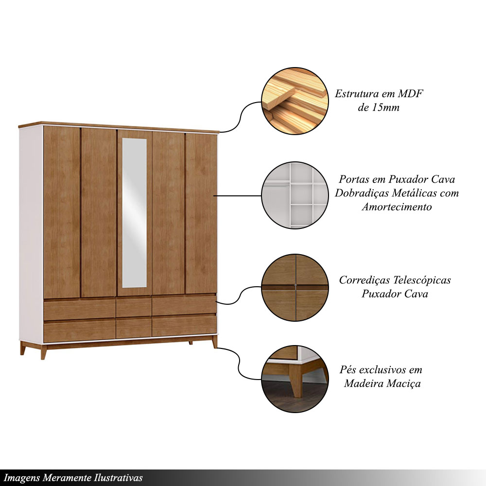 Guarda Roupa MDF 5 Portas Cullen 6 Gavetas OffWhite/Freijó G74 - Gran Belo
