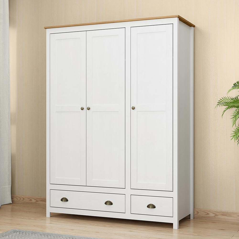 Guarda Roupa Madeira Maciça 3 Portas Osiris 2 Gavetas Branco/Freijó - G74 - Gran Belo
