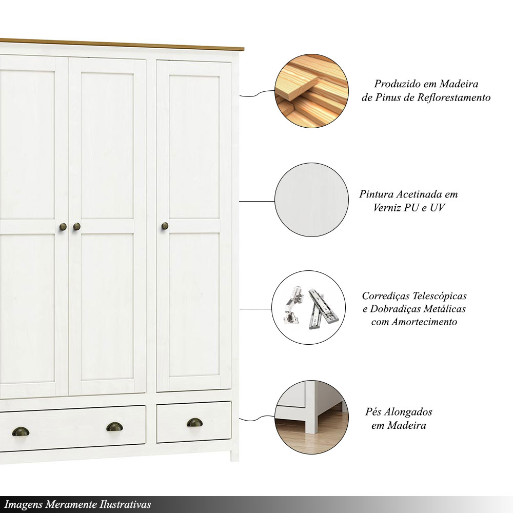 Guarda Roupa Madeira Maciça 3 Portas Osiris 2 Gavetas Branco/Freijó - G74 - Gran Belo