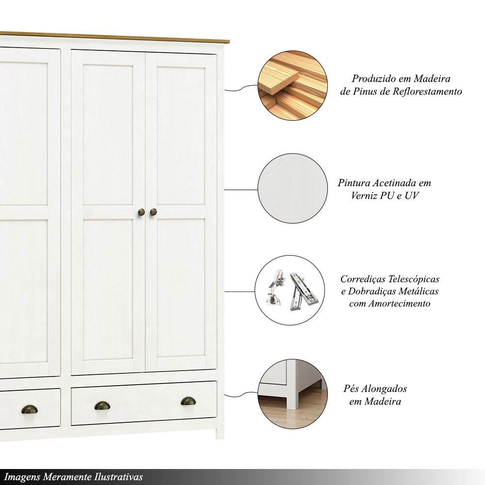 Guarda Roupa Madeira Maciça 4 Portas Osiris 2 Gavetas Branco/Freijó - G74 - Gran Belo