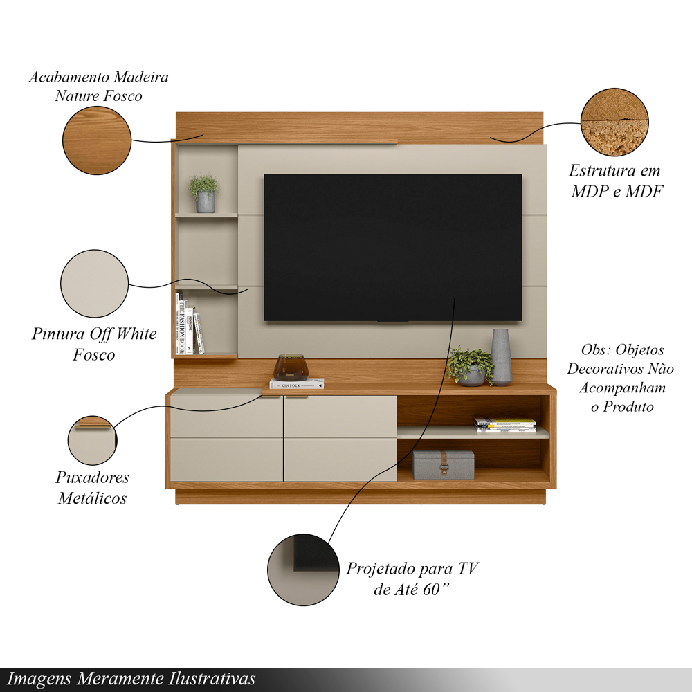 Home Decorativo Alemanha MDP/MDF TV Até 50 Polegadas Prateleiras Nature/Off White G77 - Gran Belo
