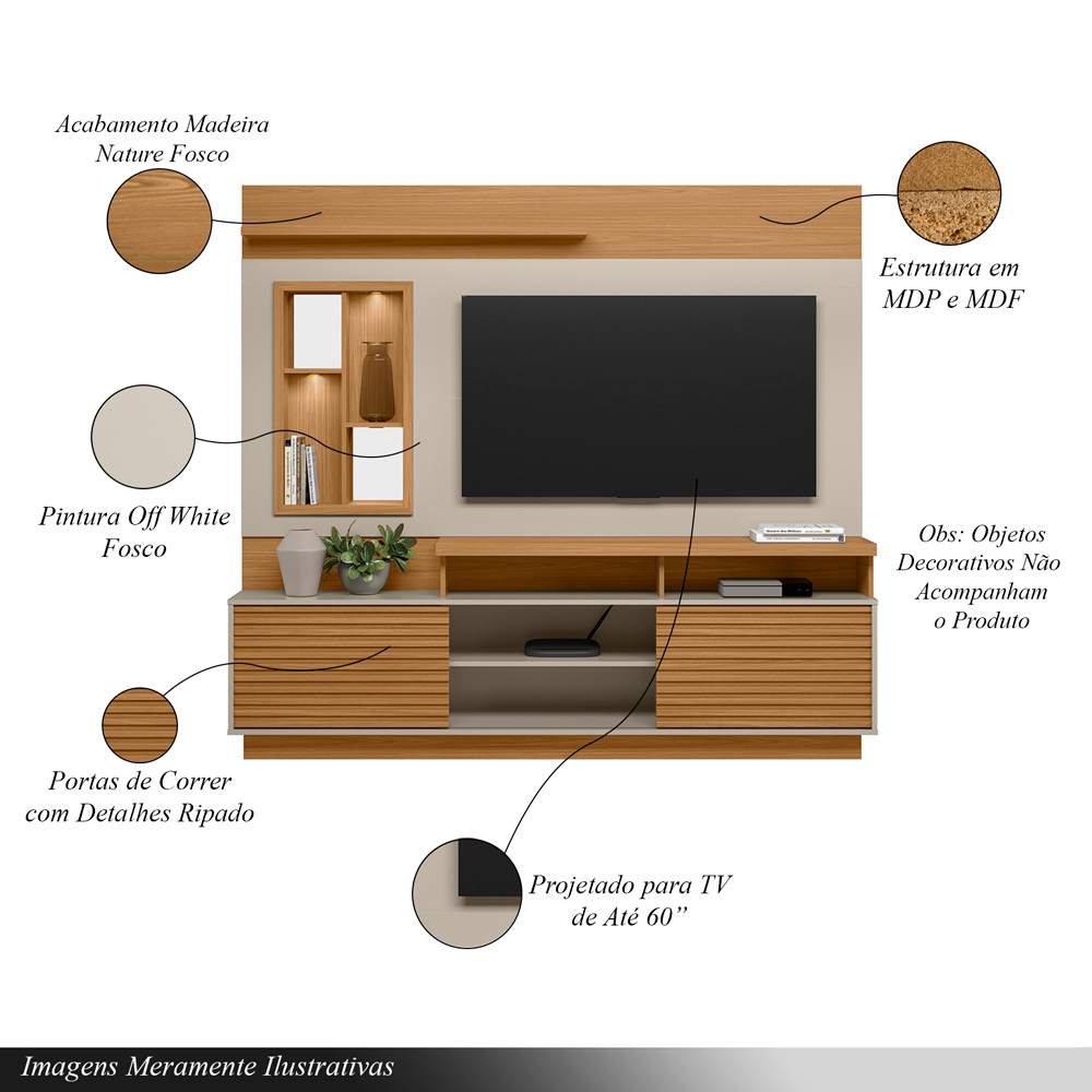 Home Decorativo Evan MDP/MDF Ripado com Nicho TV até 60 Polegadas Nature/Off White G77 - Gran Belo
