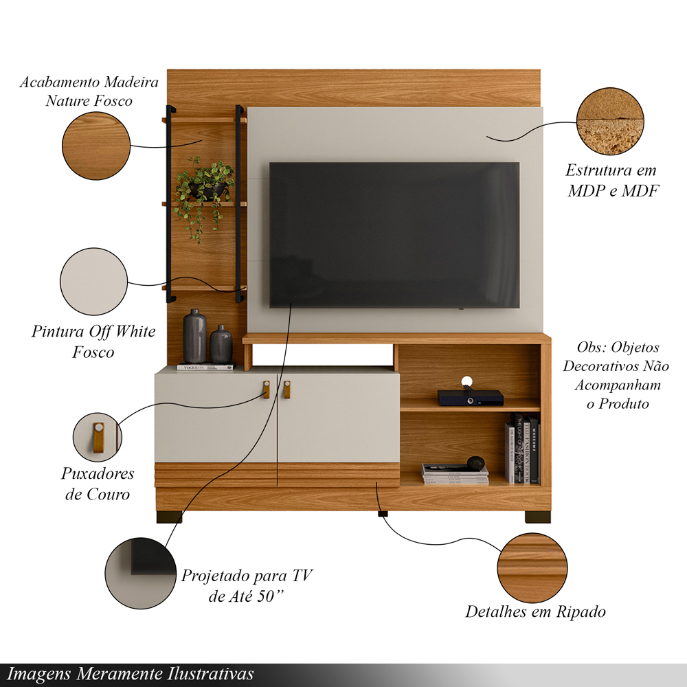 Home Decorativo Jatiuca MDP/MDF Ripado TV Até 50 Polegadas Nature/Off White G77 - Gran Belo