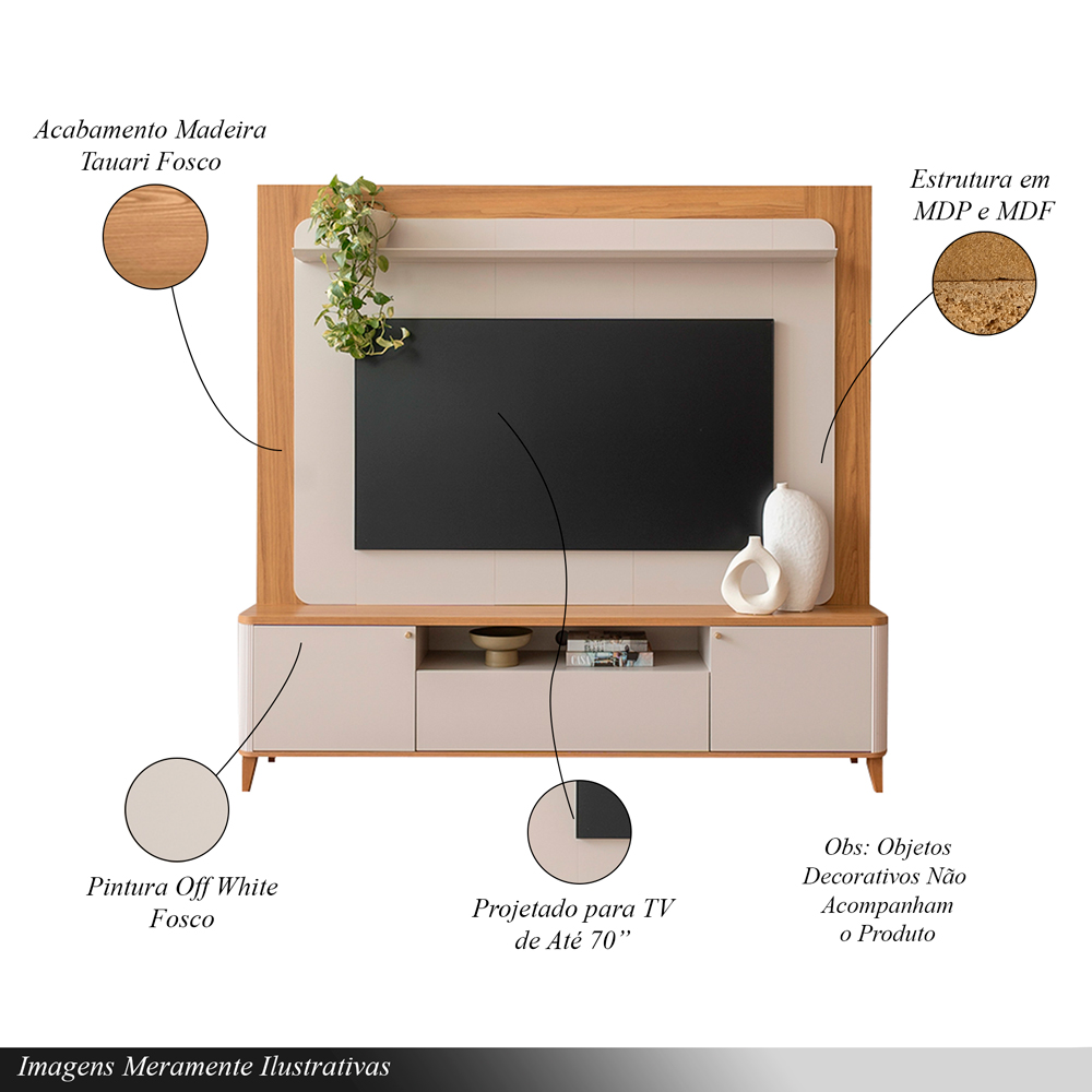 Home Decorativo Max MDP/MDF com Portas TV Até 70 Polegadas Tauari/Off White G77 - Gran Belo