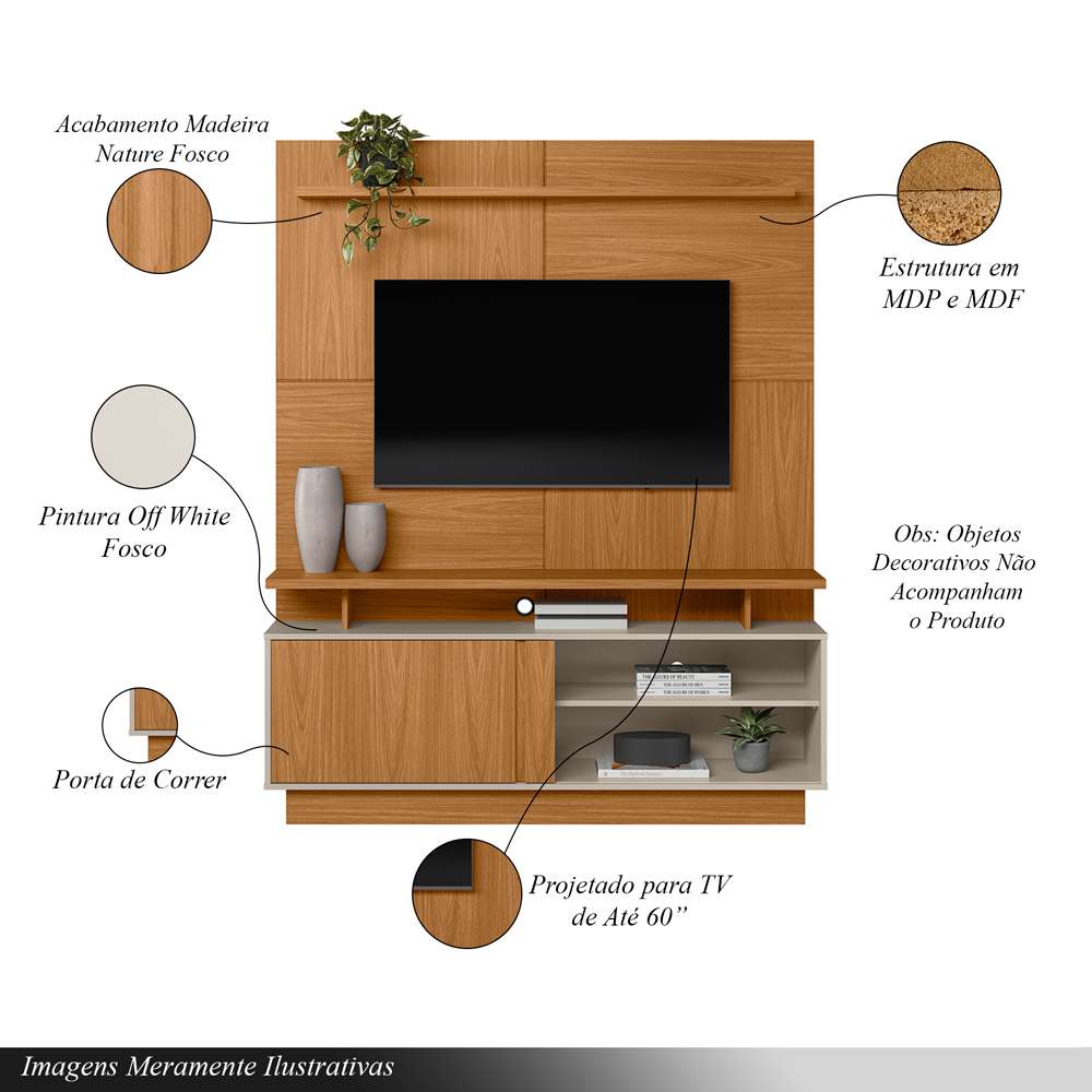 Home Decorativo Vicente MDF/MDP TV até 60 Polegadas Porta de Correr Nature/Off White G77 - Gran Belo