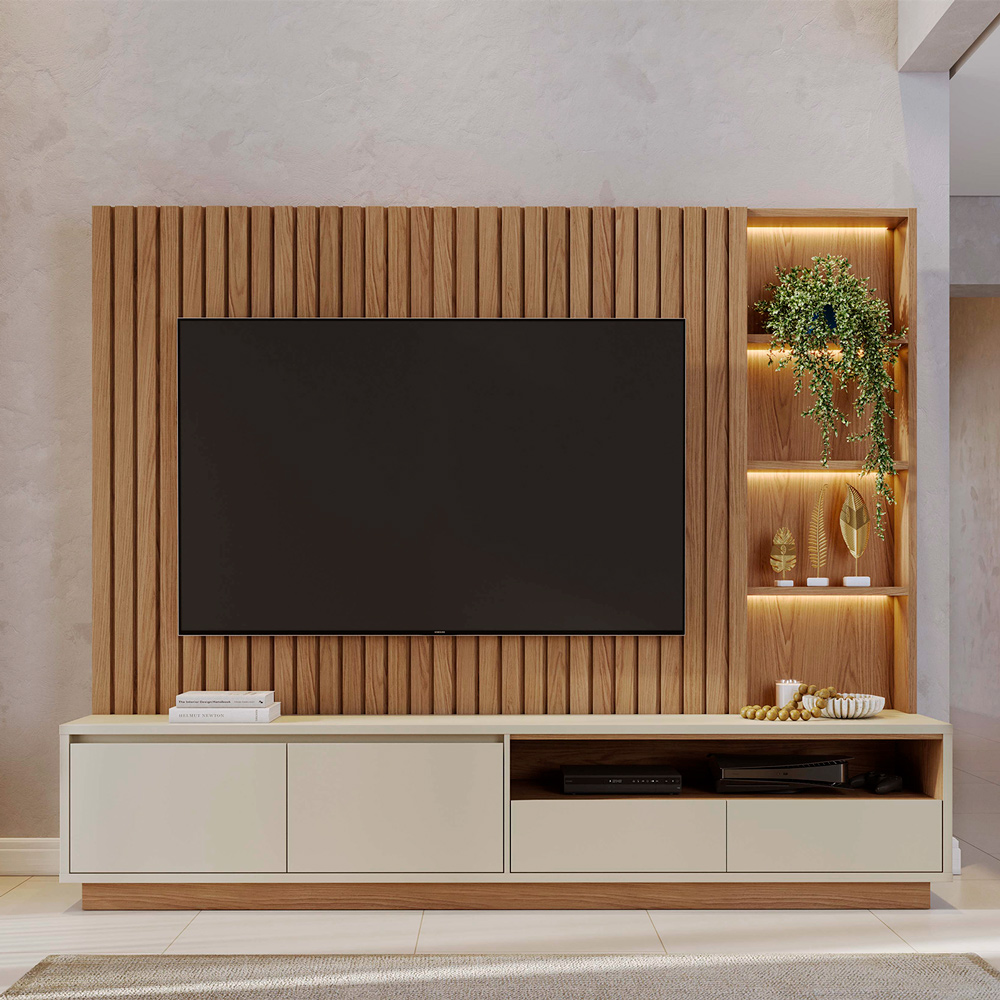 Home Estante Monterrey Decorativo TV até 82 MDP/HDF 240cm Fitas LED Nichos Freijó/Off White G73 - Gran Belo