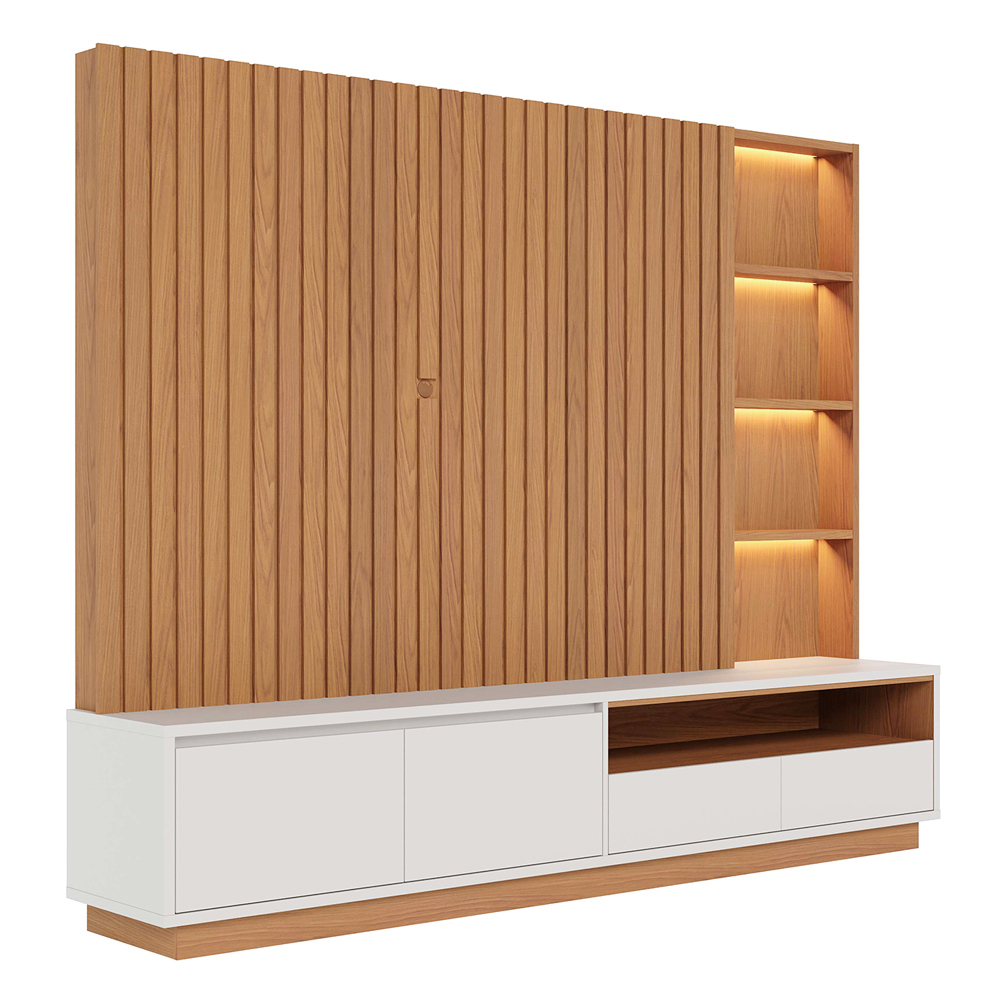 Home Estante Monterrey Decorativo TV até 82 MDP/HDF 240cm Fitas LED Nichos Freijó/Off White G73 - Gran Belo