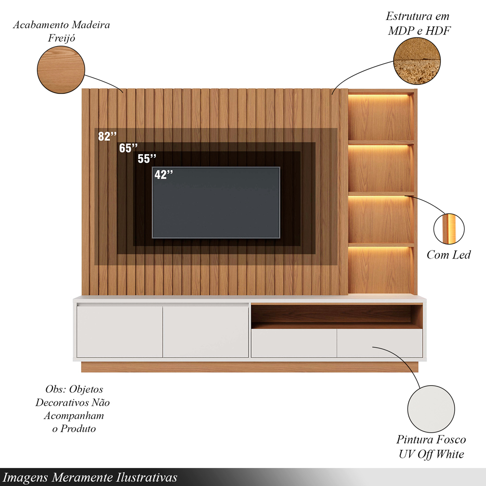 Home Estante Monterrey Decorativo TV até 82 MDP/HDF 240cm Fitas LED Nichos Freijó/Off White G73 - Gran Belo
