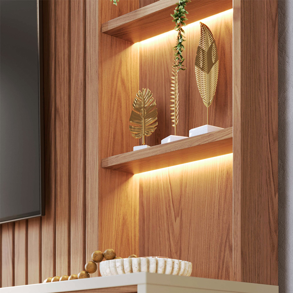 Home Estante Monterrey Decorativo TV até 82 MDP/HDF 240cm Fitas LED Nichos Freijó/Off White G73 - Gran Belo